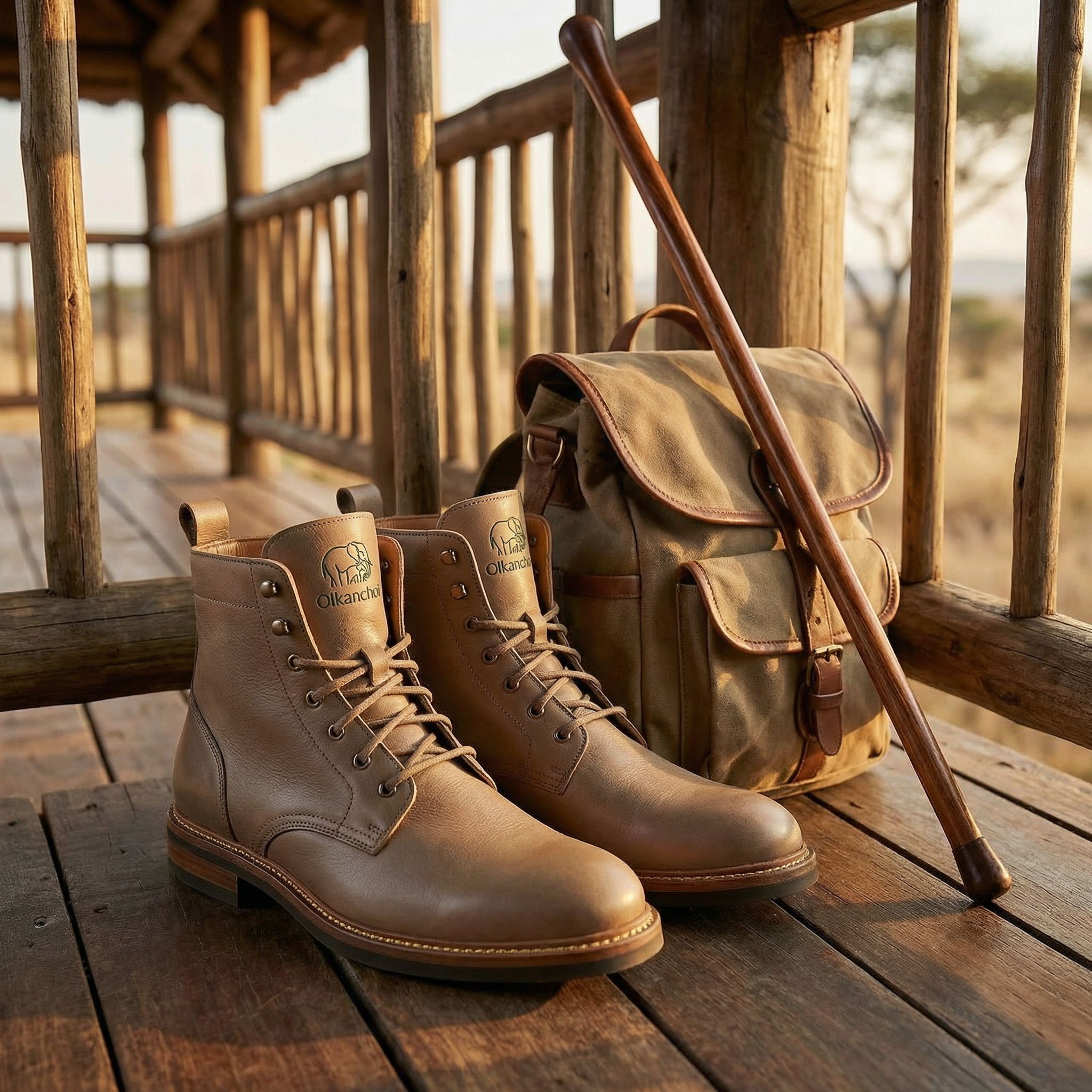 Olkanchoi leather safari boots on lodge deck with walking stick and canvas bag