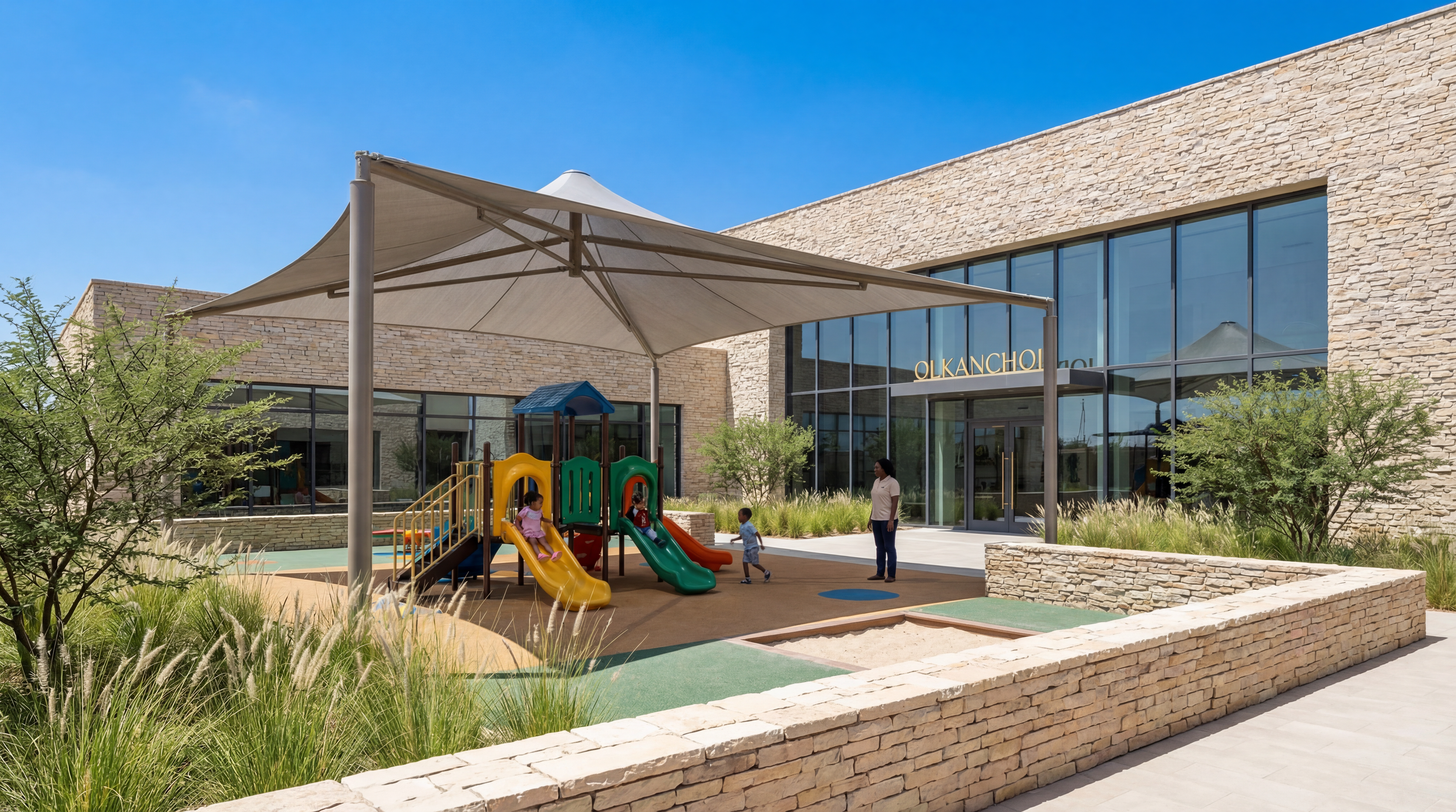 Olkanchoi community centre exterior with shaded playground and native landscaping