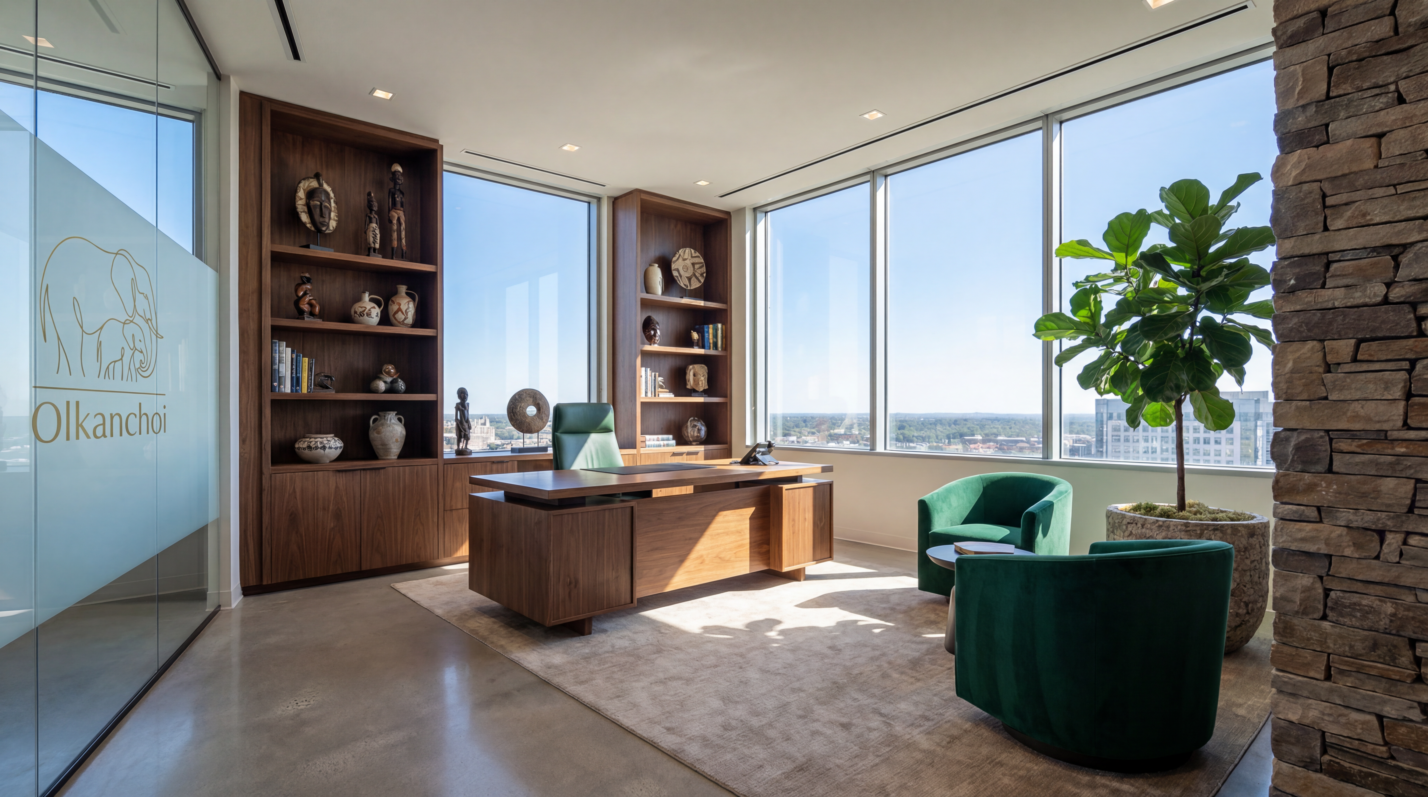Olkanchoi executive office with African artefacts and floor-to-ceiling city views