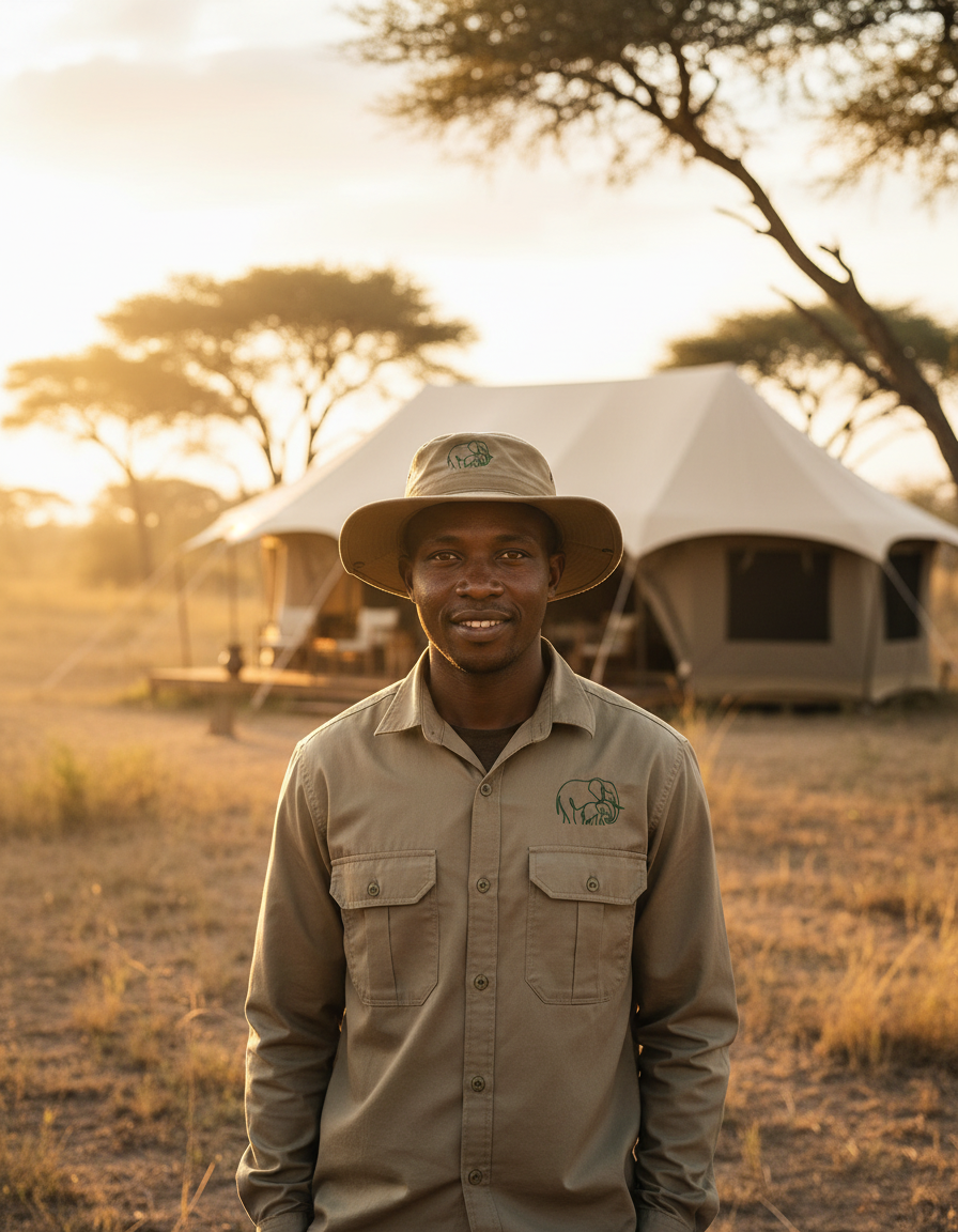 Olkanchoi guide in uniform at a tented camp at golden hour