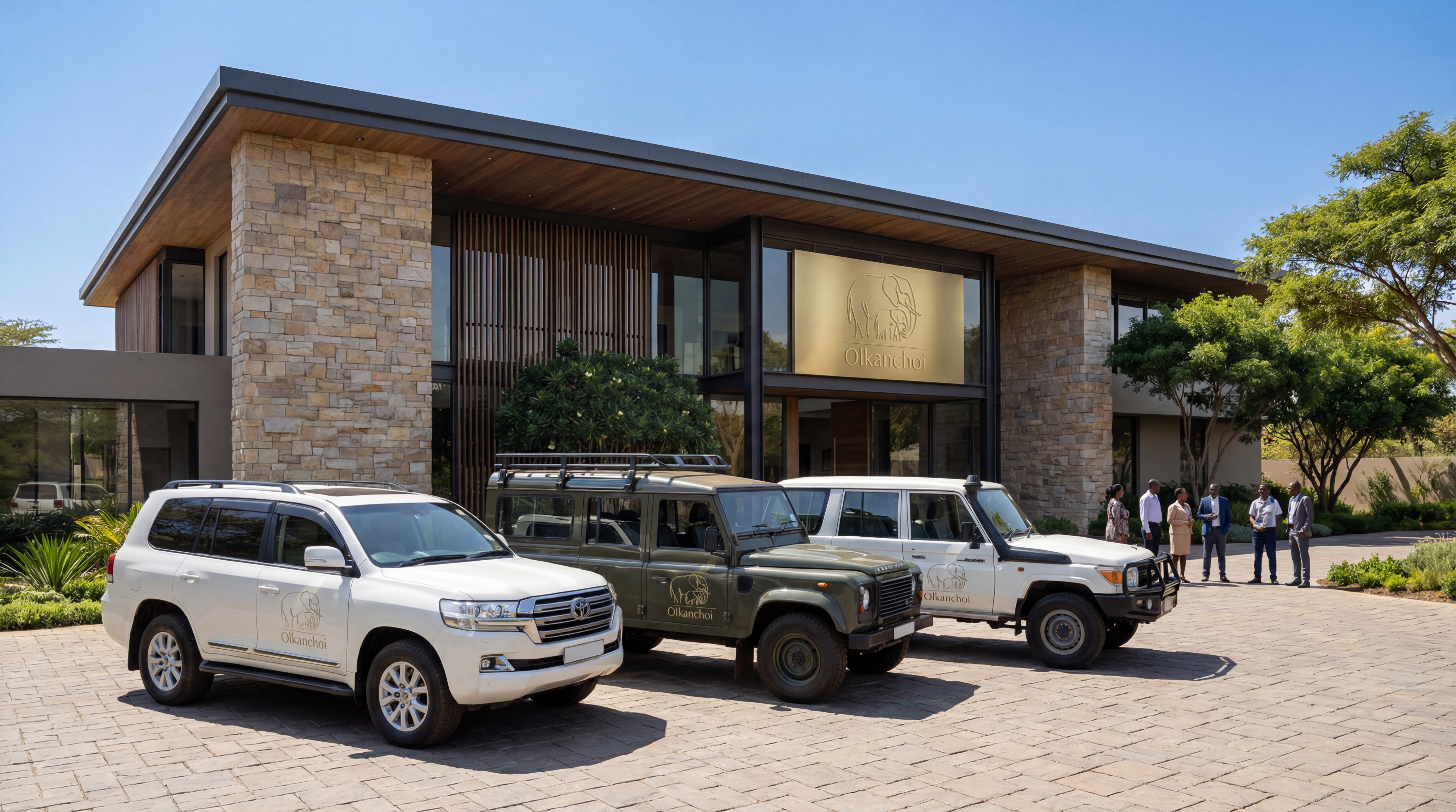 Olkanchoi Journeys fleet — Land Cruiser, Defender and Land Cruiser 76 outside the Nairobi base