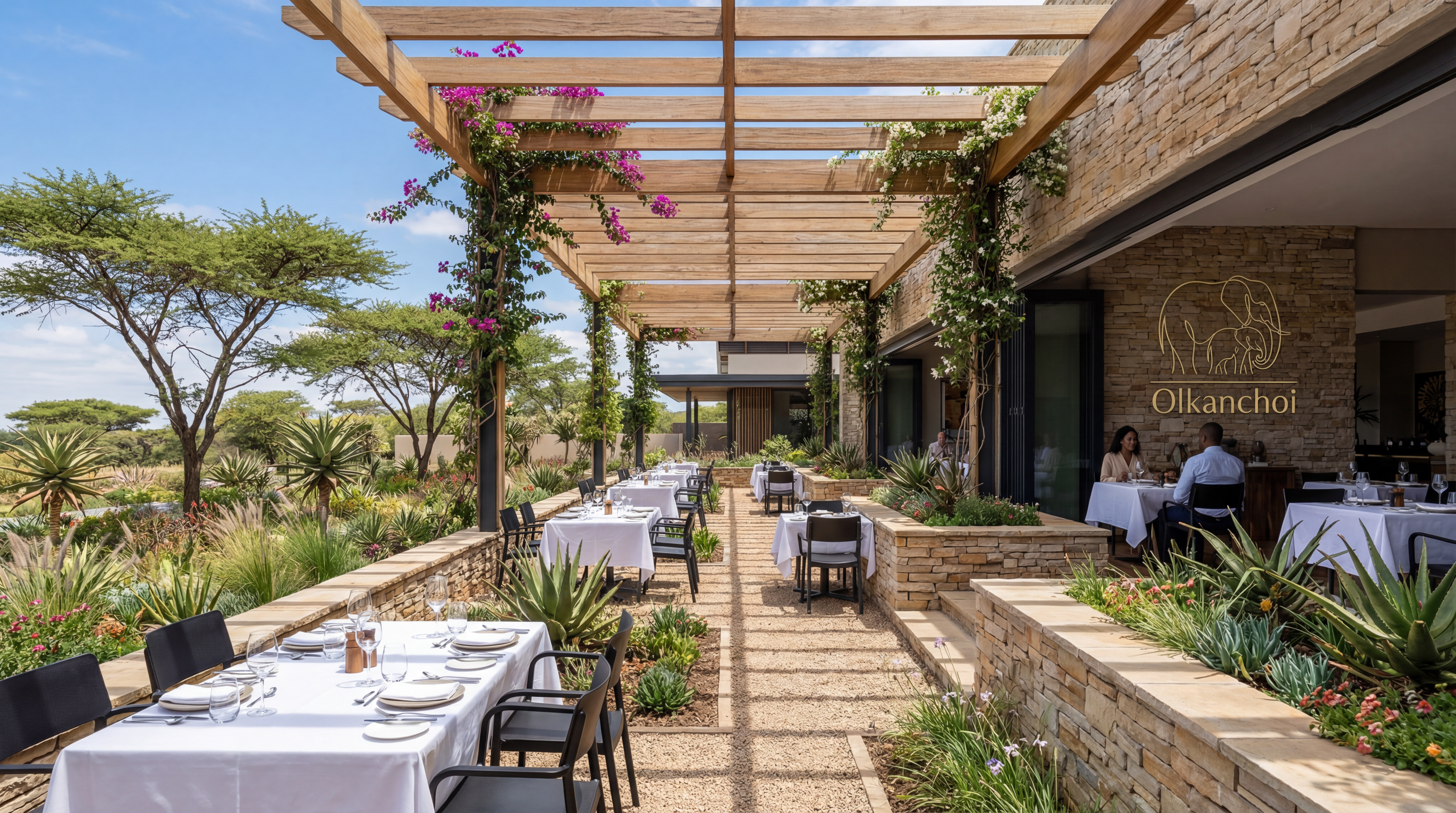 Olkanchoi outdoor dining terrace with pergola, bougainvillea and acacia views